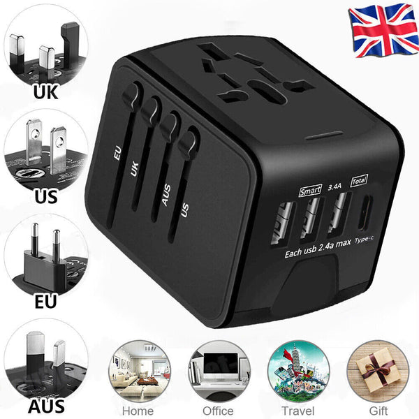 Universal Travel Adapter Worldwide Multi Plug UK EU AU US USB TypeC Fast Charger