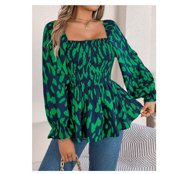 Casual Wooden Ear Square Collar Leopard Print Long Sleeve Chiffon Shirt